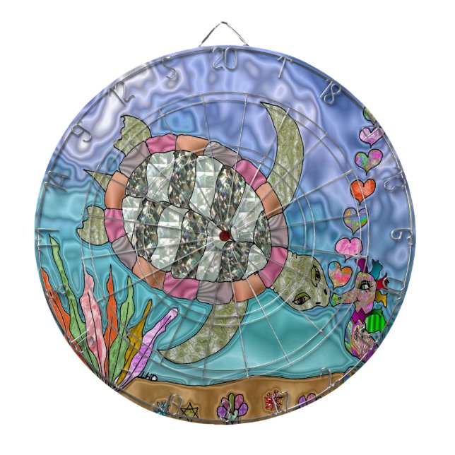 Psychedelic Sea Turtle Seahorse Art Dartboard (Front)