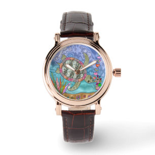 Psychedelic Sea Turtle Seahorse Art Designer Watch