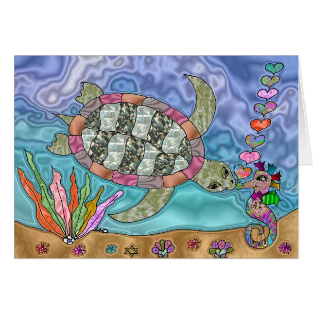 Psychedelic Sea Turtle Seahorse Art Greeting Card (Front Horizontal)