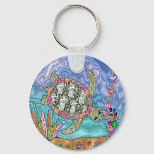 Psychedelic Sea Turtle Seahorse Art Key Ring