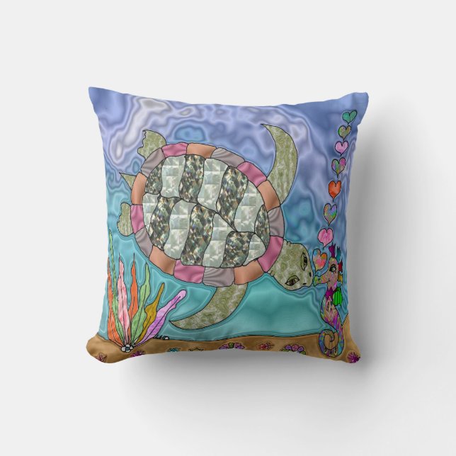 Psychedelic Sea Turtle Seahorse Art Pillow (Front)