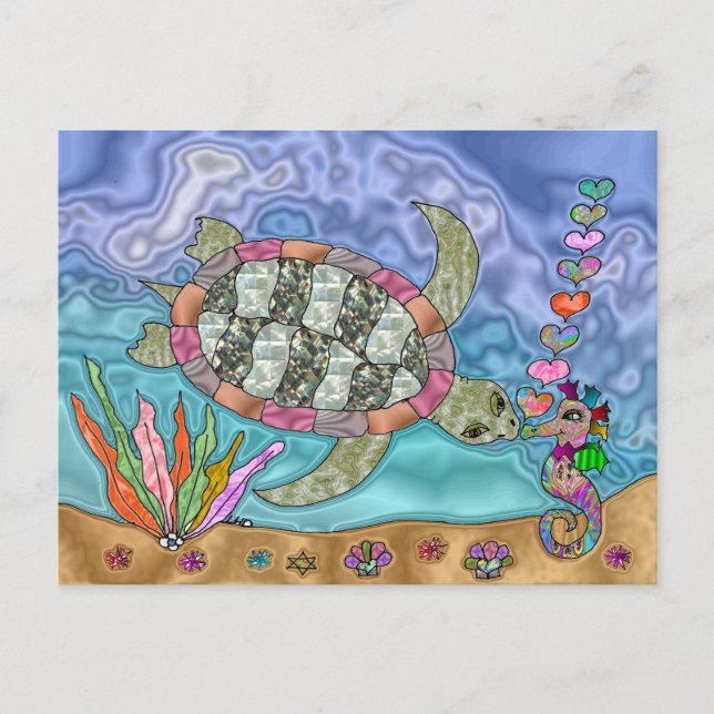 Psychedelic Sea Turtle Seahorse Art Postcard (Front)