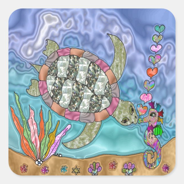 Psychedelic Sea Turtle Seahorse Art Square Sticker (Front)