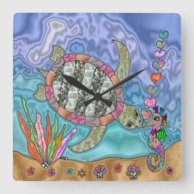 Psychedelic Sea Turtle Seahorse Art Square Wall Clock (Front)