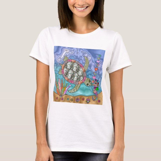 Psychedelic Sea Turtle Seahorse Art T-Shirt (Front)
