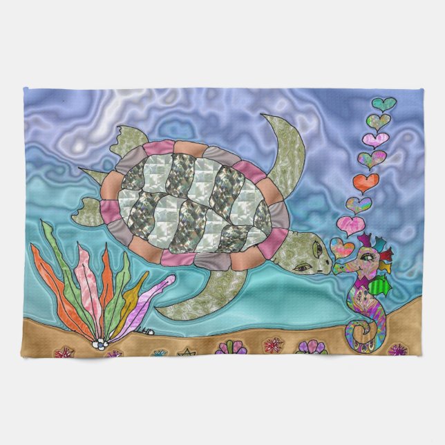 Psychedelic Sea Turtle Seahorse Art Tea Towel (Horizontal)