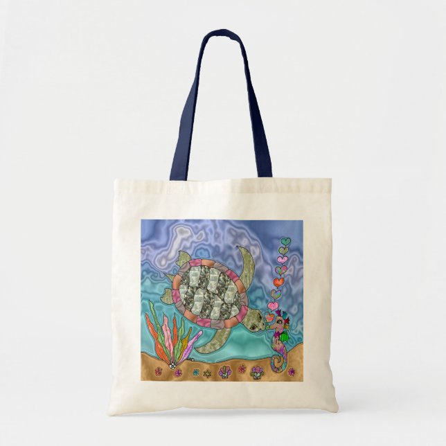 Psychedelic Sea Turtle Seahorse Art Tote Bag (Front)