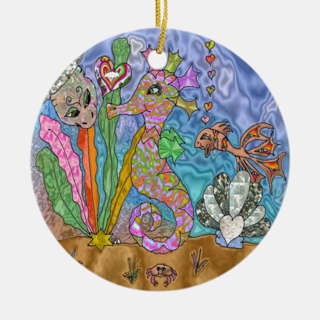 Psychedelic Seahorse Sea Turtle Art Ceramic Ornament (Front)