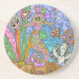 Psychedelic Seahorse Sea Turtle Art Coaster