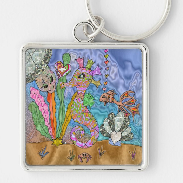 Psychedelic Seahorse Sea Turtle Art Key Ring (Front)