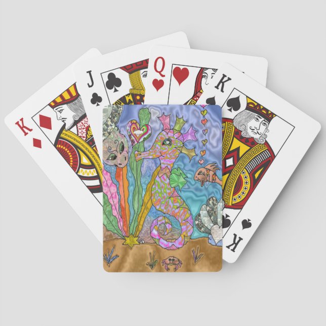 Psychedelic Seahorse Sea Turtle Art Playing Cards (Back)
