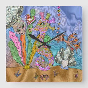 Psychedelic Seahorse Sea Turtle Art Square Wall Clock