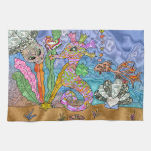 Psychedelic Seahorse Sea Turtle Art Tea Towel