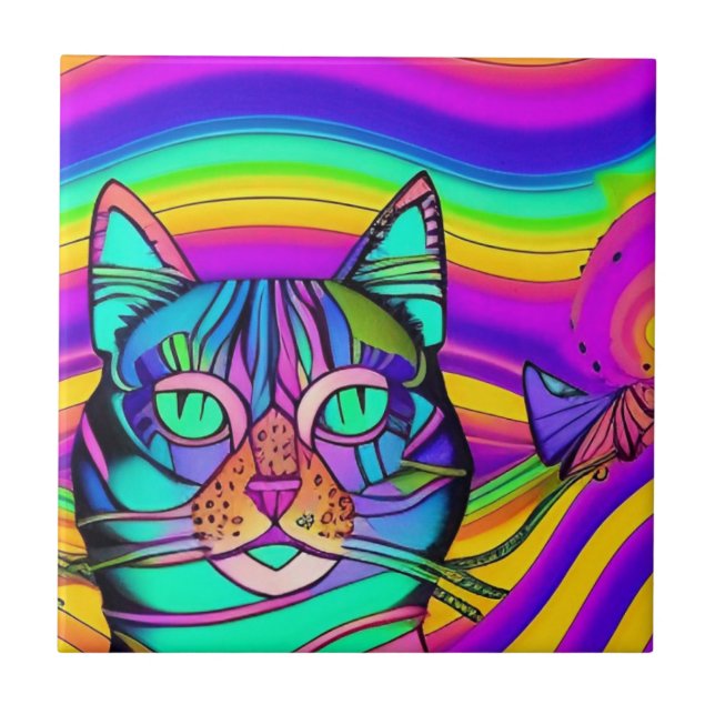 Psychedelic serious cat colourful purple fuschia  ceramic tile (Front)