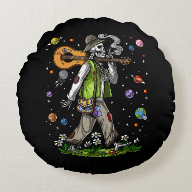 Psychedelic Skeleton Hippie Round Cushion (Front)