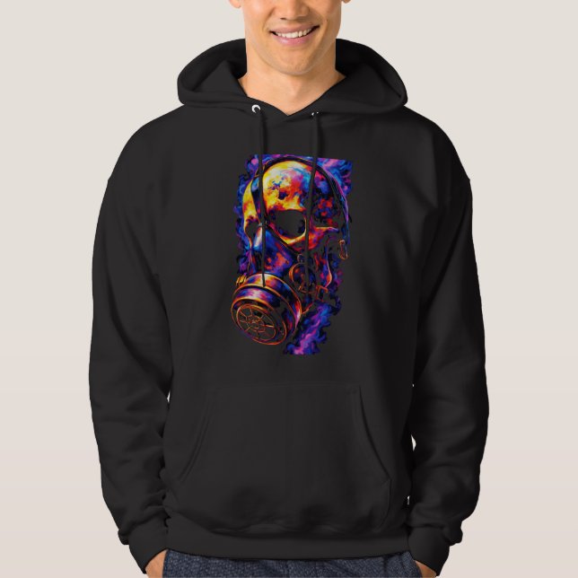 Psychedelic Skull Gas Mask Flame Vortex Hoodie (Front)