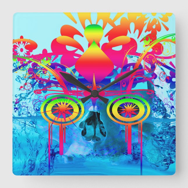 Psychedelic Skull Square Wall Clock (Front)