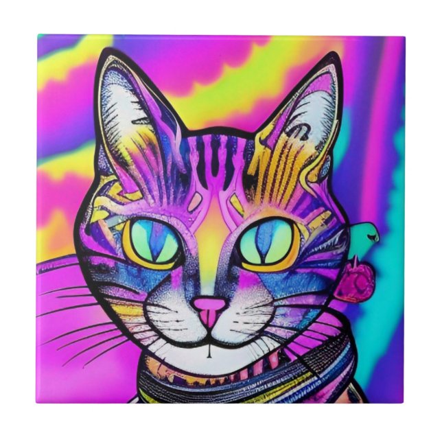 Psychedelic smirking cat colourful purple fuchsia  ceramic tile (Front)