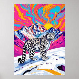 Psychedelic Snow Leopard Landscape Poster