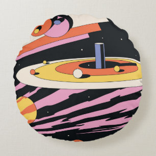 Psychedelic Space Abstract Illustration,Geometric  Round Cushion