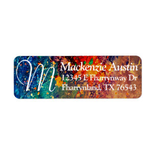 Psychedelic Splatter   Rainbow Abstract Monogram Return Address Label