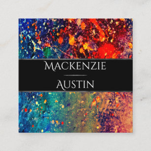 Psychedelic Splatter Rainbow Abstract Monogram Square Business Card