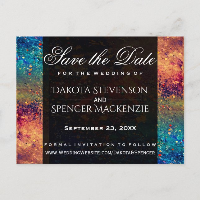 Psychedelic Splatter | Rainbow Save the Date Announcement Postcard (Front)