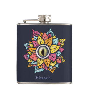 Psychedelic Spooky Eye Flower Colourful Hip Flask