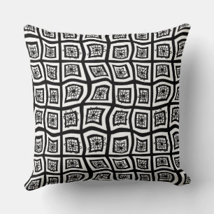 Psychedelic Square Prisms Check Black White Floral Cushion