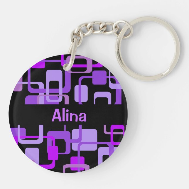Psychedelic Squares Retro Look Personalised Purple Key Ring (Back)