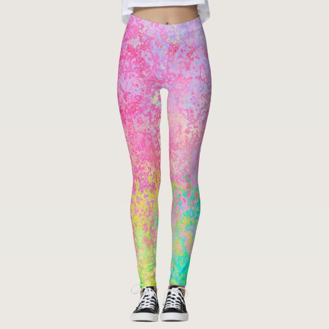 Psychedelic Strawberry Pink Neon Pastel Abstract Leggings (Front)