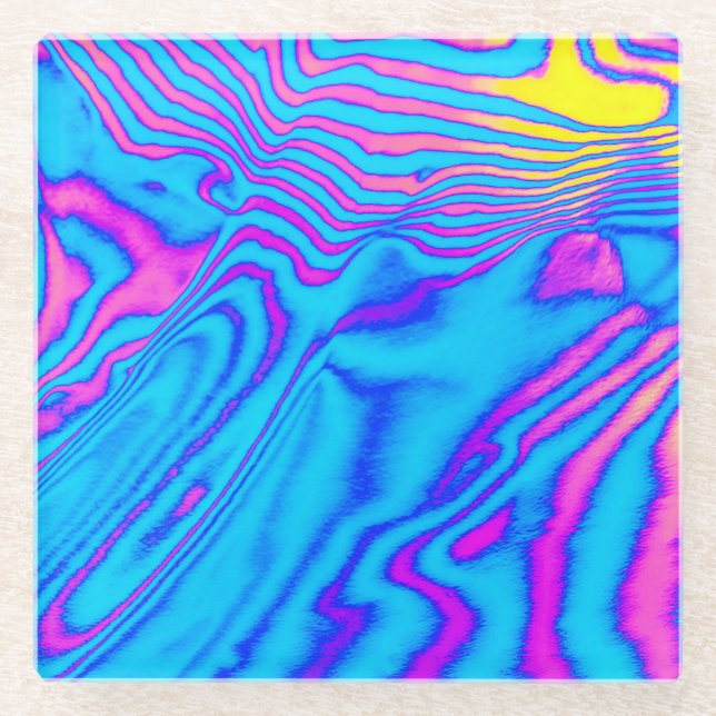 Psychedelic Striped Zebra: Neon Fluorescent Backgr Glass Coaster (Front)