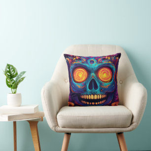 Psychedelic Sugar Skull Art - Day of the Dead Cushion