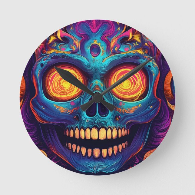 Psychedelic Sugar Skull Art - Day of the Dead Round Clock (Front)