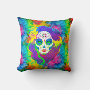 [Psychedelic Sugar Skull] Fractal Tie-Dye Calavera Cushion
