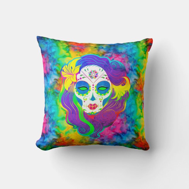 [Psychedelic Sugar Skull] Fractal Tie-Dye Calavera Cushion (Front)