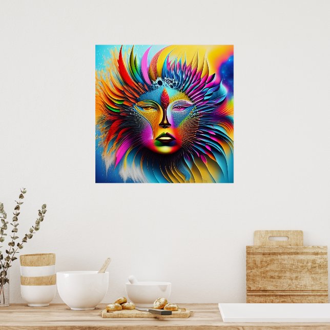 Psychedelic Sun Face Boho Trippy Abstract  Poster (Kitchen)