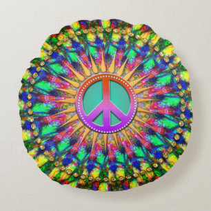 Psychedelic Sunshine Groovy Peace Energy Decor Round Cushion
