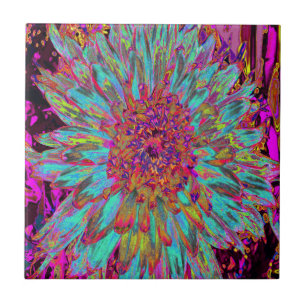 Psychedelic Teal Blue Abstract Decorative Dahlia Ceramic Tile