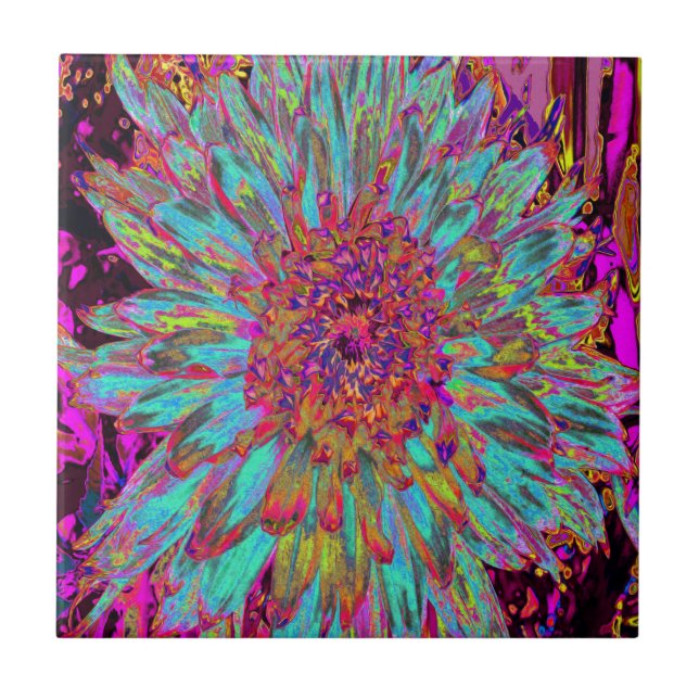 Psychedelic Teal Blue Abstract Decorative Dahlia Ceramic Tile (Front)