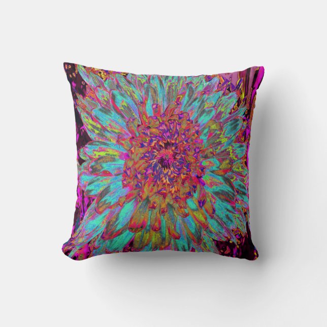 Psychedelic Teal Blue Abstract Decorative Dahlia Cushion (Front)