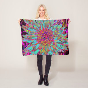 Psychedelic Teal Blue Abstract Decorative Dahlia Fleece Blanket