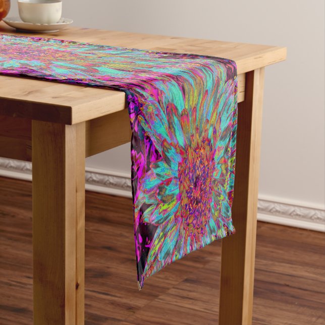 Psychedelic Teal Blue Abstract Decorative Dahlia Short Table Runner (In Situ)