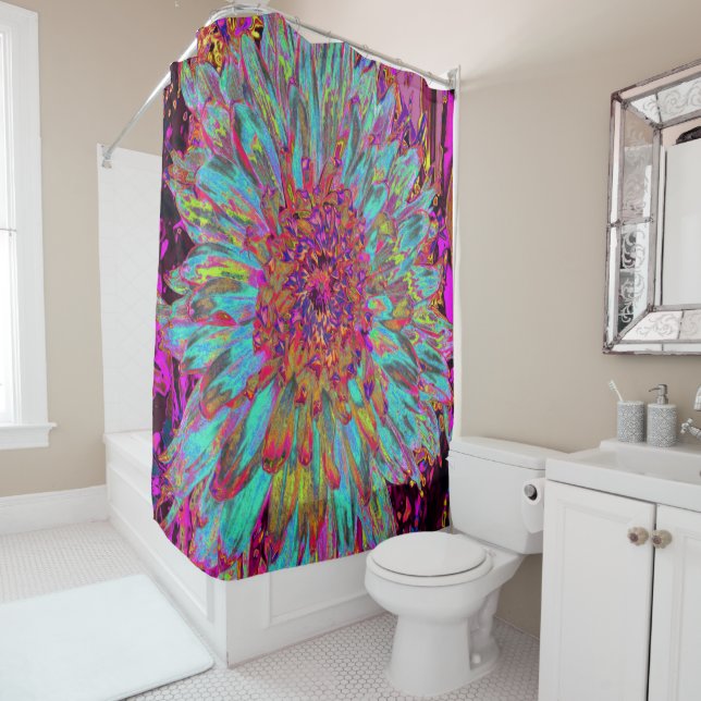 Psychedelic Teal Blue Abstract Decorative Dahlia Shower Curtain (In Situ)
