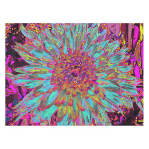 Psychedelic Teal Blue Abstract Decorative Dahlia Tablecloth