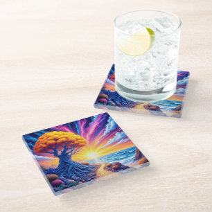Psychedelic Tree Sunset Surreal Landscape Glass Coaster