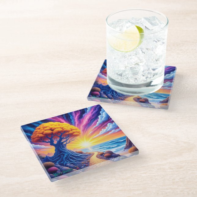 Psychedelic Tree Sunset Surreal Landscape Glass Coaster (Angled)