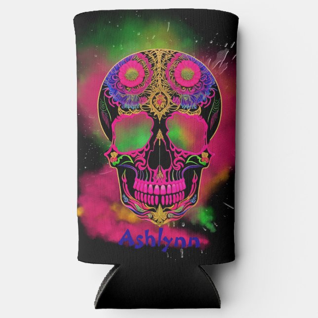Psychedelic Trippy Custom Skull Colourful  Seltzer Can Cooler (Front)