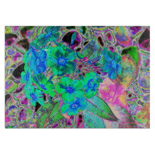 Psychedelic Trippy Lime Green and Blue Flowers Cutting Board