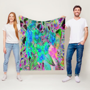 Psychedelic Trippy Lime Green and Blue Flowers Fleece Blanket